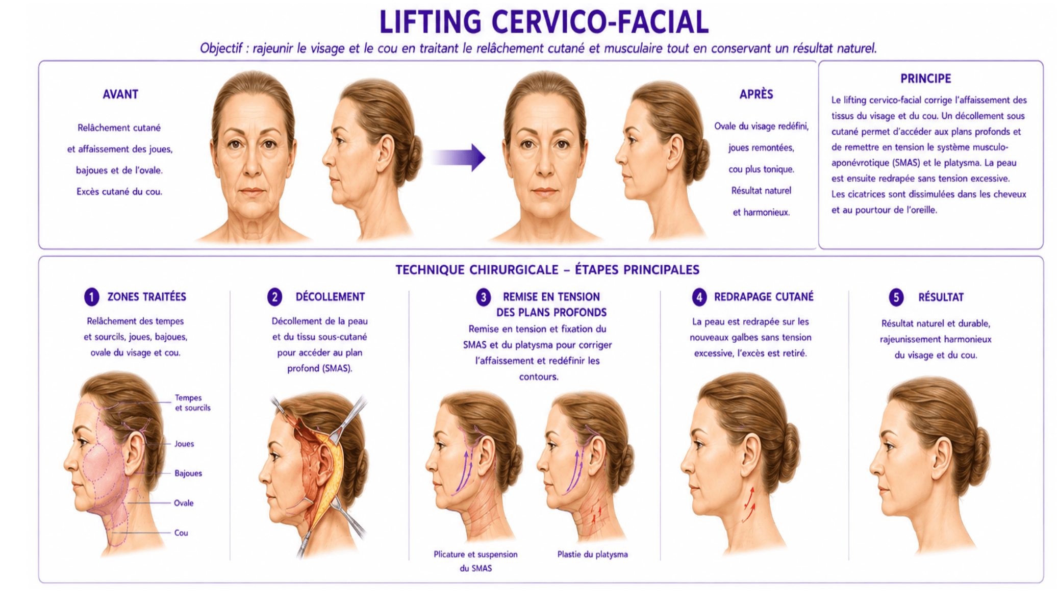 Voici une représentation visuelle et schématique du lifting cervico-facial.
